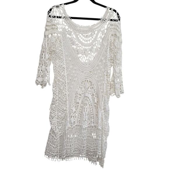Swimsuit Cover-Up Floral Crochet Ivory Open Back Boho Hippie 100% Cotton Size M - Picture 1 of 13